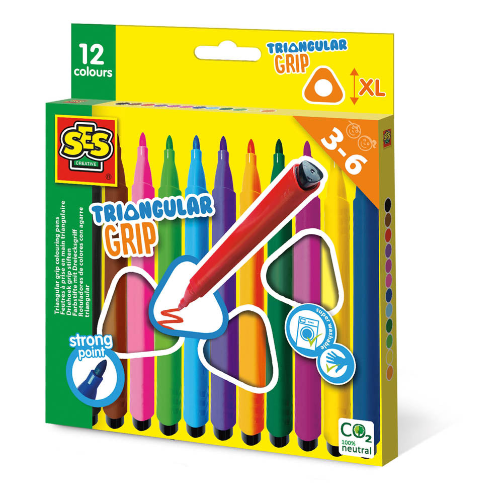 SES CREATIVE Triangular XL Grip Colouring Pens, 12 Colours Set Markers (14696)