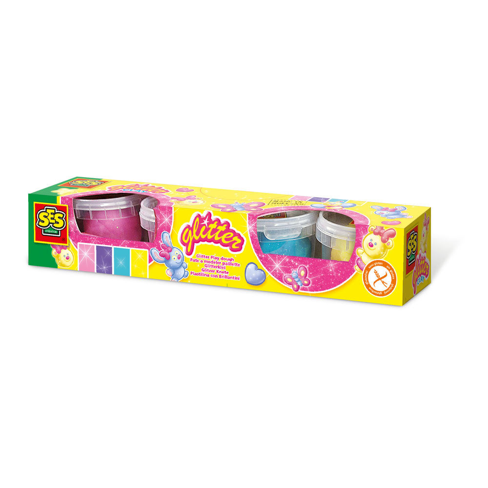 SES CREATIVE Children's Glitter Clay Modelling Clay Set, 4 Colour Pots, 2 to 12 Years, Multi-colour (00466)