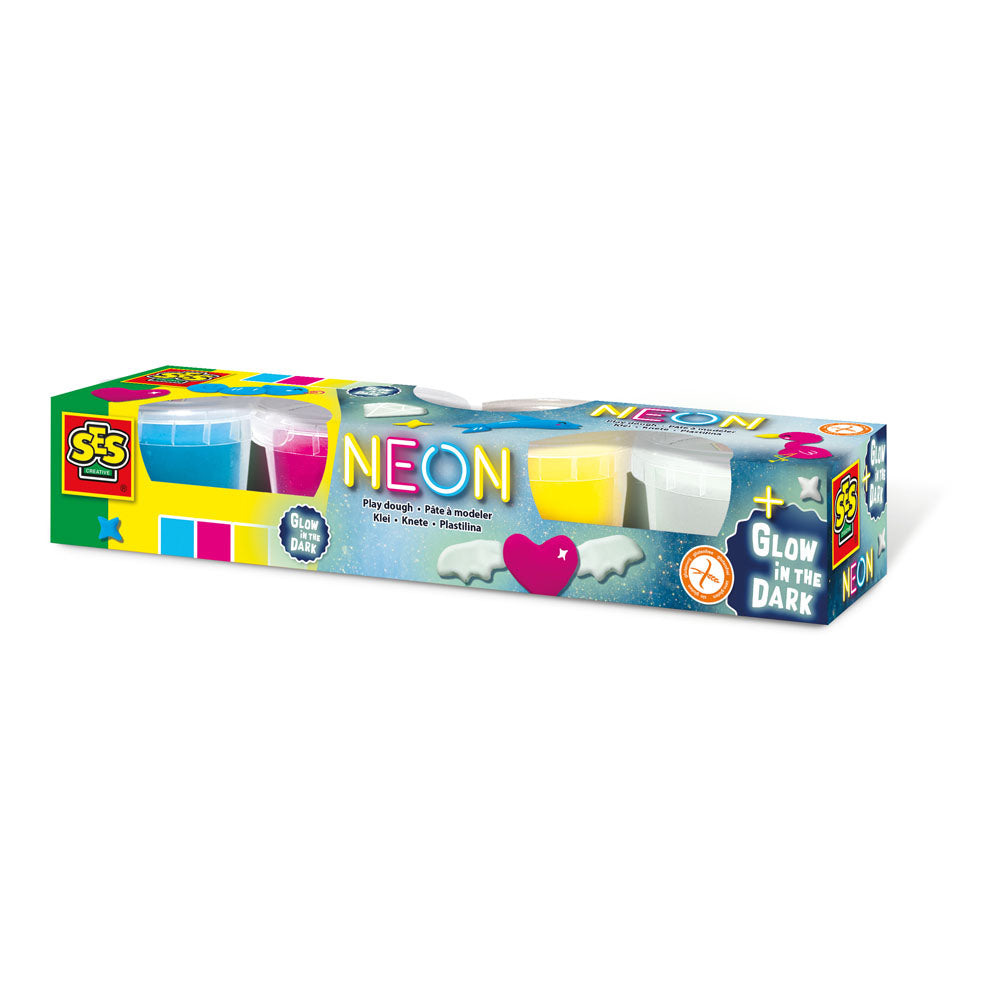 SES CREATIVE Children's Modelling Clay Neon and Glow-in-the Dark Set, 4 Pots (90g), Unisex, 2 Years and Above, Multi-colour (00461)