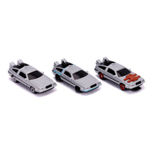 Load image into Gallery viewer, UNIVERSAL Back to the Future Nano Hollywood Rides DeLorean Die-cast Toy Time Machine Car 3-Pack Set (253251002)
