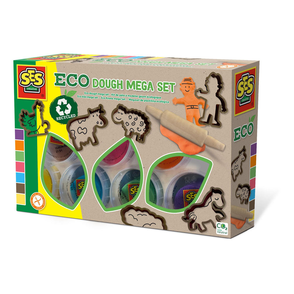 SES CREATIVE Children's Eco Modelling Dough Mega Set with Tools, 7x Pots 90g, Unisex, Two Years and Above, Multi-colour (24919)