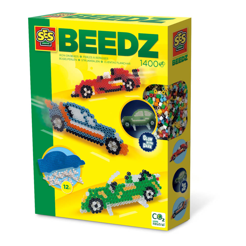 SES CREATIVE Beedz Iron-on Beads Glow-in-the-Dark Car Pegboard, 1400 Iron-on Beads, 5 Years and Above (06215)