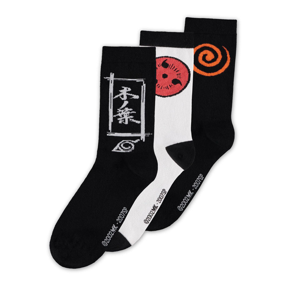 NARUTO SHIPPUDEN Sasuke Symbol Crew Socks (3PK), Male, Black/White (CR206027NRT)
